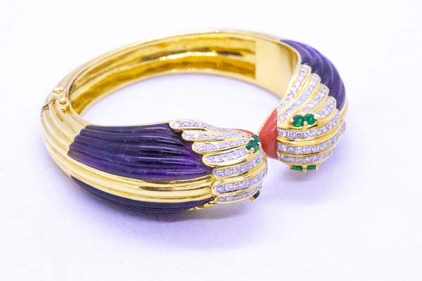 PARROTS BANGLE IN 18 KT WITH DIAMONDS, CARVED CORAL & AMETHYST