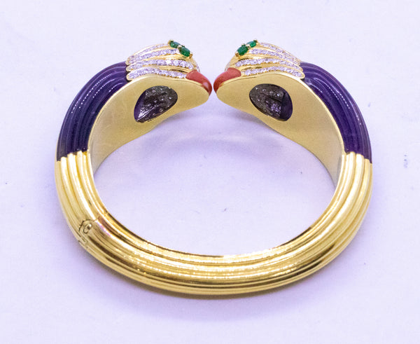 PARROTS BANGLE IN 18 KT WITH DIAMONDS, CARVED CORAL & AMETHYST
