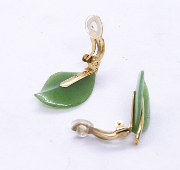 JADE NEPHRITE LEAVES 14 KT GOLD EARRINGS