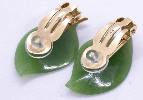 JADE NEPHRITE LEAVES 14 KT GOLD EARRINGS