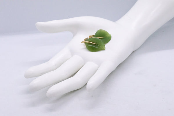 JADE NEPHRITE LEAVES 14 KT GOLD EARRINGS
