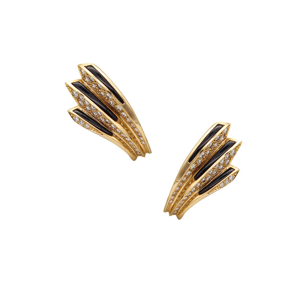 Modernist Sculptural Onyx Clips On Earrings In 18Kt Yellow Gold With 4.68 Cts VS Diamonds