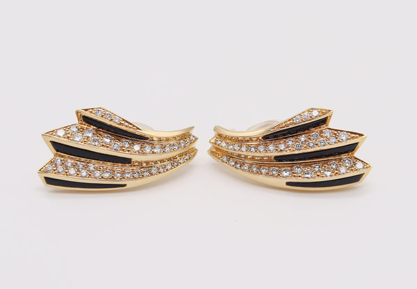 Modernist Sculptural Onyx Clips On Earrings In 18Kt Yellow Gold With 4.68 Cts VS Diamonds
