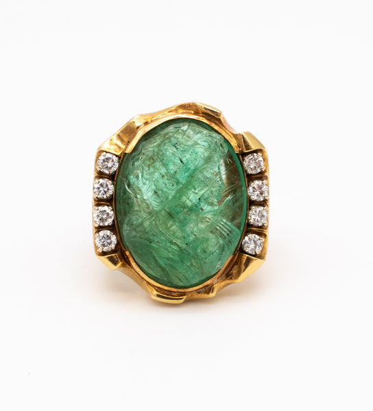 MODERNIST 18 KT COCKTAIL RING WITH 23.79 Ctw IN DIAMONDS & CARVED EMERALD GIA