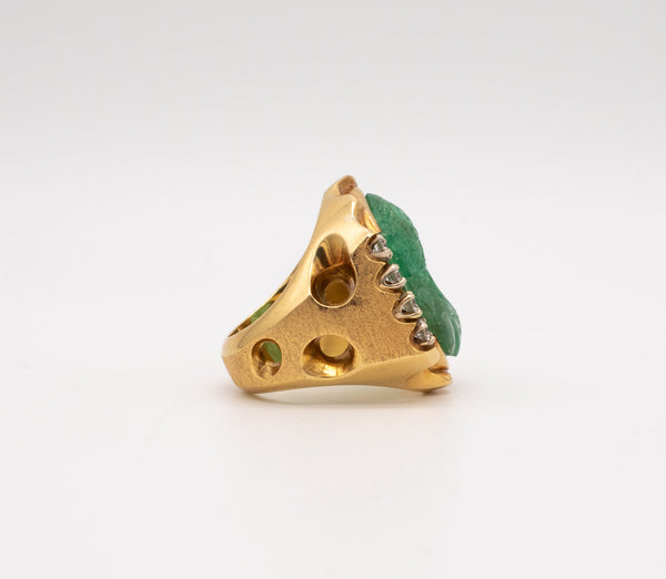 MODERNIST 18 KT COCKTAIL RING WITH 23.79 Ctw IN DIAMONDS & CARVED EMERALD GIA