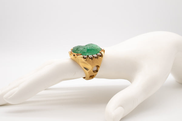 MODERNIST 18 KT COCKTAIL RING WITH 23.79 Ctw IN DIAMONDS & CARVED EMERALD GIA