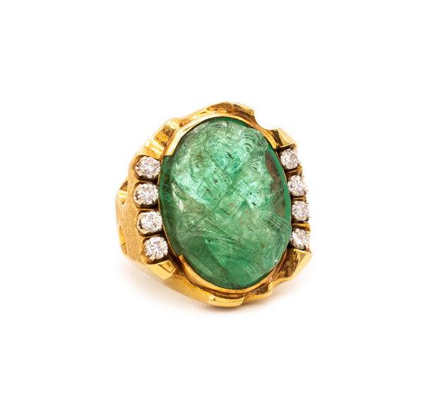 MODERNIST 18 KT COCKTAIL RING WITH 23.79 Ctw IN DIAMONDS & CARVED EMERALD GIA
