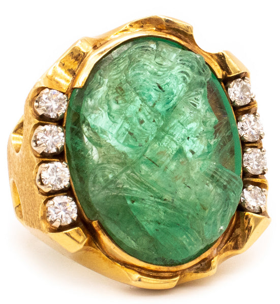 MODERNIST 18 KT COCKTAIL RING WITH 23.79 Ctw IN DIAMONDS & CARVED EMERALD GIA