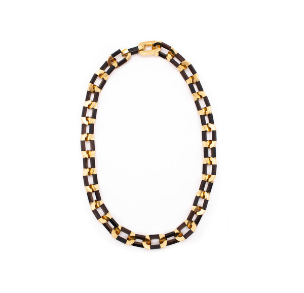 ITALY 1970 RARE MODERNIST 18 KT GOLD NECKLACE WITH ROSE WOOD LINKS