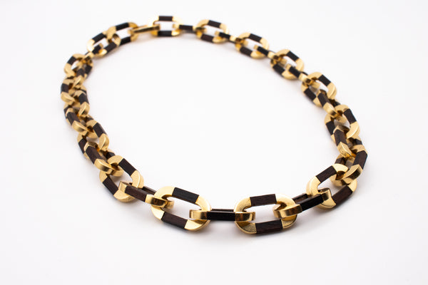 ITALY 1970 RARE MODERNIST 18 KT GOLD NECKLACE WITH ROSE WOOD LINKS