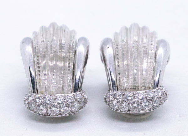 ANDREW CLUNN PLATINUM CARVED QUARTZ & DIAMONDS EARRINGS