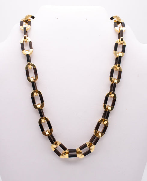 ITALY 1970 RARE MODERNIST 18 KT GOLD NECKLACE WITH ROSE WOOD LINKS