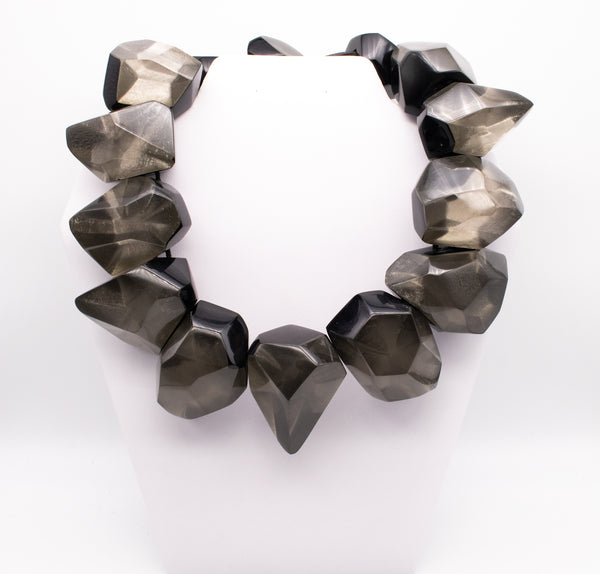 GERDA LYNGGAARD MONIES 1998 FRANCE VINTAGE GRAY SILVER & BLACK LUCITE NECKLACE
