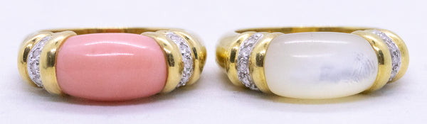 NICE 18 KT TWIN DIAMONDS RINGS WITH CORAL & WHITE NACRE