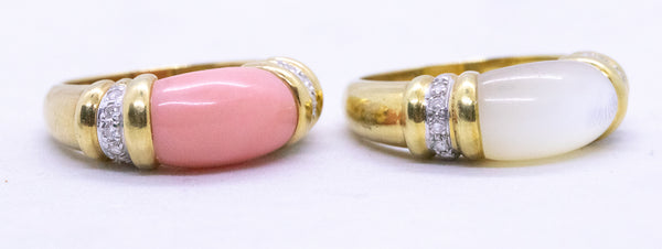 NICE 18 KT TWIN DIAMONDS RINGS WITH CORAL & WHITE NACRE