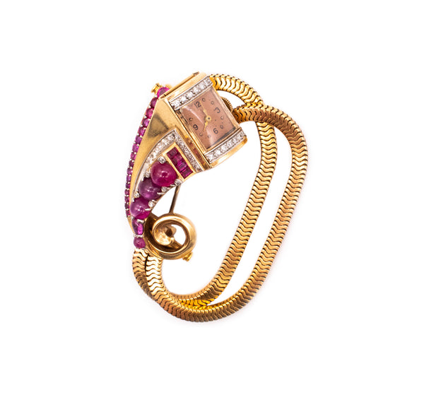 Art Deco 1940 Brooch Wristwatch In 18Kt Gold Gia Certified 9.87 Ctw Diamonds Star Rubies