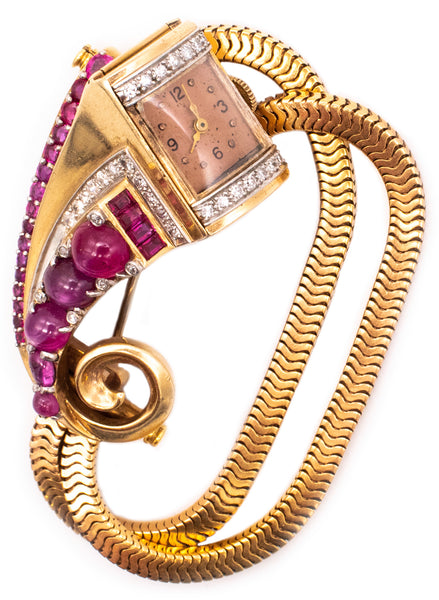 Art Deco 1940 Brooch Wristwatch In 18Kt Gold Gia Certified 9.87 Ctw Diamonds Star Rubies