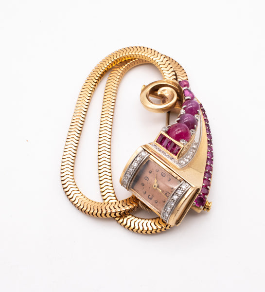 Art Deco 1940 Brooch Wristwatch In 18Kt Gold Gia Certified 9.87 Ctw Diamonds Star Rubies