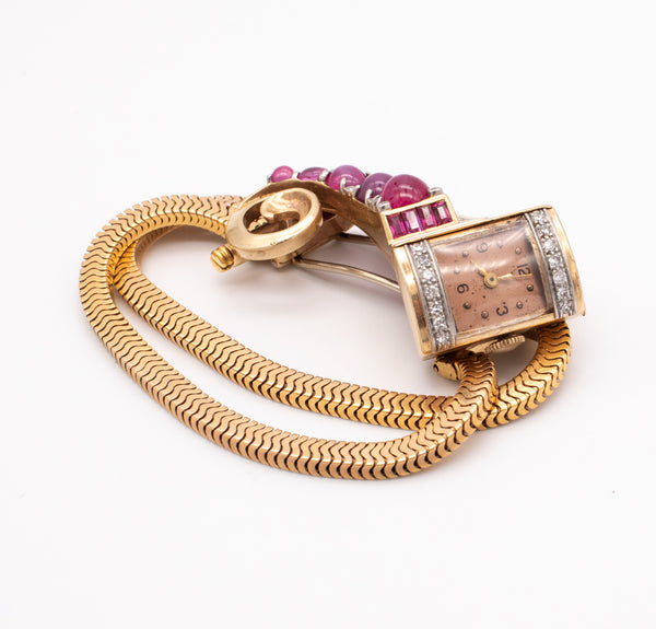 Art Deco 1940 Brooch Wristwatch In 18Kt Gold Gia Certified 9.87 Ctw Diamonds Star Rubies