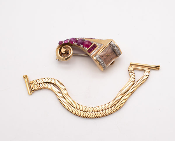 Art Deco 1940 Brooch Wristwatch In 18Kt Gold Gia Certified 9.87 Ctw Diamonds Star Rubies