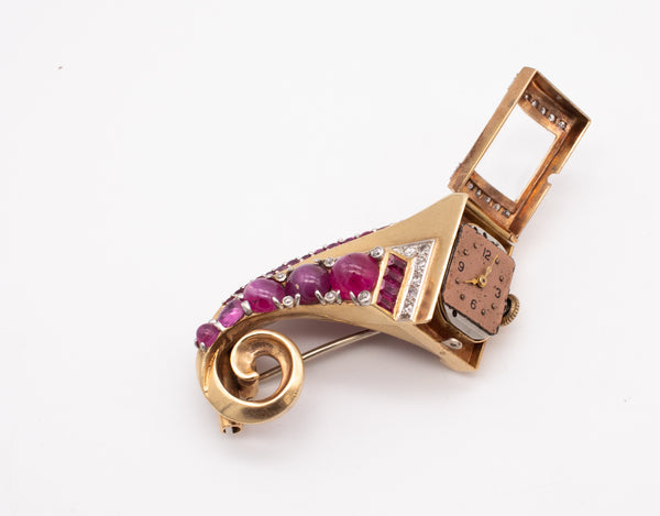 Art Deco 1940 Brooch Wristwatch In 18Kt Gold Gia Certified 9.87 Ctw Diamonds Star Rubies