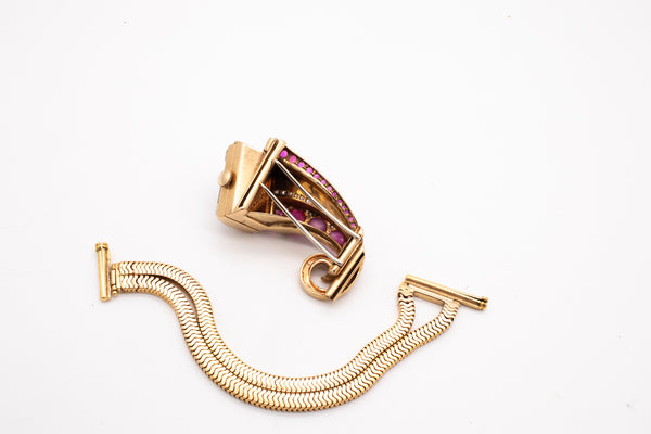 Art Deco 1940 Brooch Wristwatch In 18Kt Gold Gia Certified 9.87 Ctw Diamonds Star Rubies