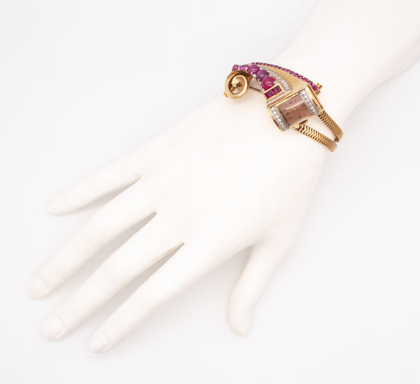 Art Deco 1940 Brooch Wristwatch In 18Kt Gold Gia Certified 9.87 Ctw Diamonds Star Rubies