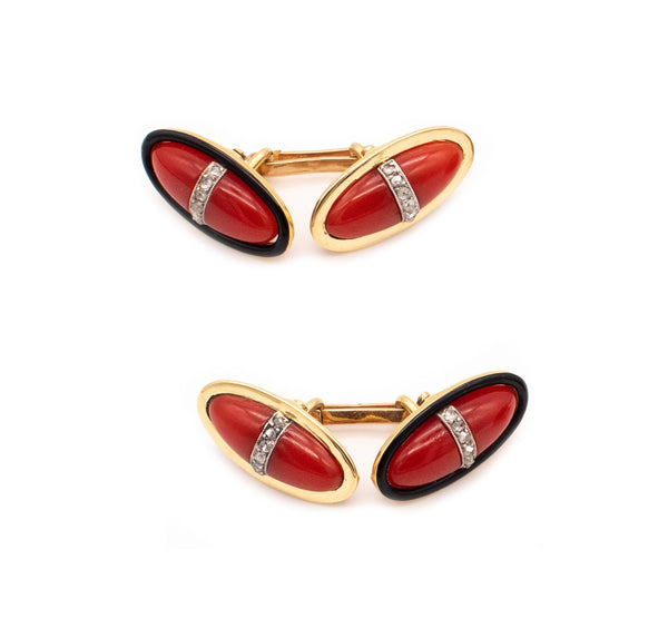 French 1930 Art Deco Cufflinks In 18Kt Gold And Platinum With Ox Blood Coral And Diamonds