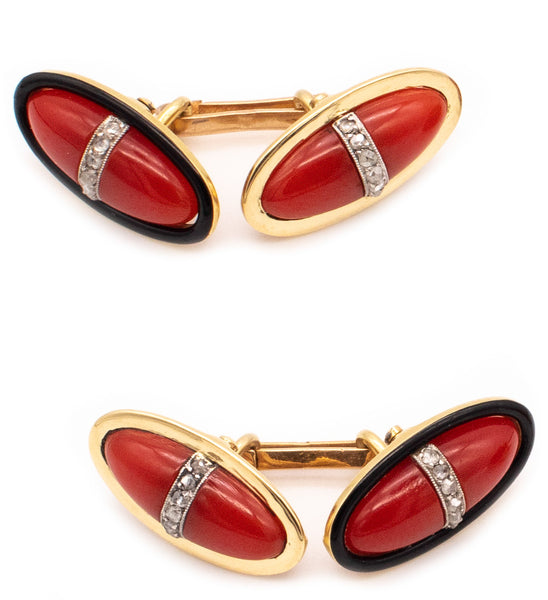 French 1930 Art Deco Cufflinks In 18Kt Gold And Platinum With Ox Blood Coral And Diamonds