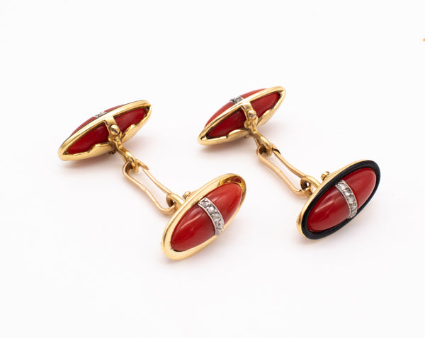 French 1930 Art Deco Cufflinks In 18Kt Gold And Platinum With Ox Blood Coral And Diamonds