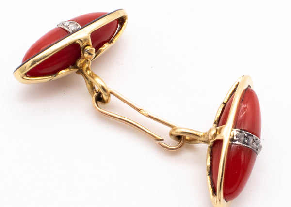 French 1930 Art Deco Cufflinks In 18Kt Gold And Platinum With Ox Blood Coral And Diamonds