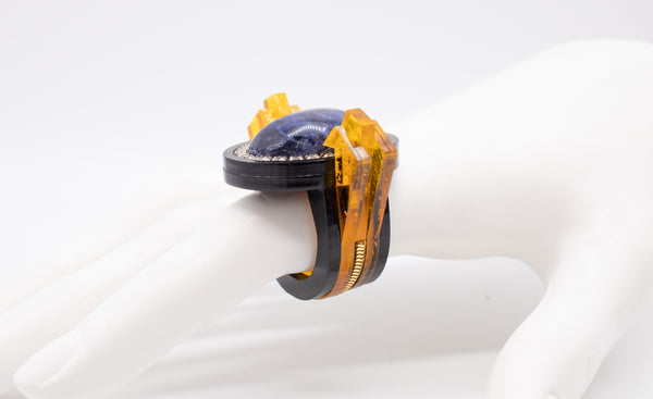 ARAMEZ, GISSA BICALHO MODERN ART DECO REVIVAL LUCITE RING WITH LAPIS LAZULI