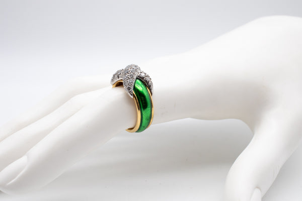 TIFFANY & CO, JEAN SCHLUMBERGER GREEN ENAMEL 18 KT GOLD AND PLATINUM DIAMONDS RING