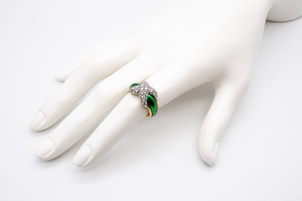 TIFFANY & CO, JEAN SCHLUMBERGER GREEN ENAMEL 18 KT GOLD AND PLATINUM DIAMONDS RING
