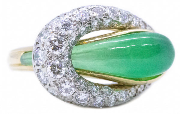 FRENCH 1950 GOLD & PLATNUM RING WITH 9.05 Cts CHRYSOPRASE AND DIAMONDS