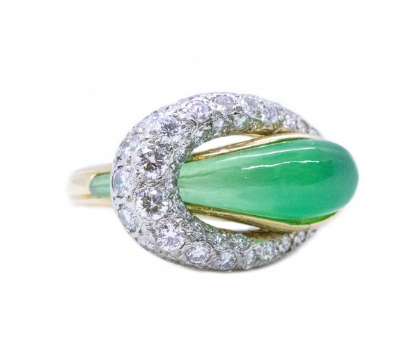 FRENCH 1950 GOLD & PLATNUM RING WITH 9.05 Cts CHRYSOPRASE AND DIAMONDS