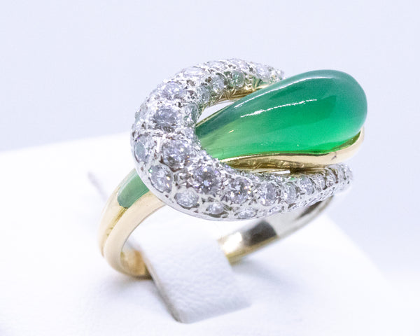 FRENCH 1950 GOLD & PLATNUM RING WITH 9.05 Cts CHRYSOPRASE AND DIAMONDS