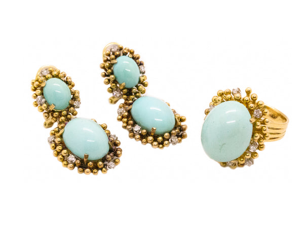 TURQUOISES & DIAMONDS SET IN 18 KT GOLD MID CENTURY