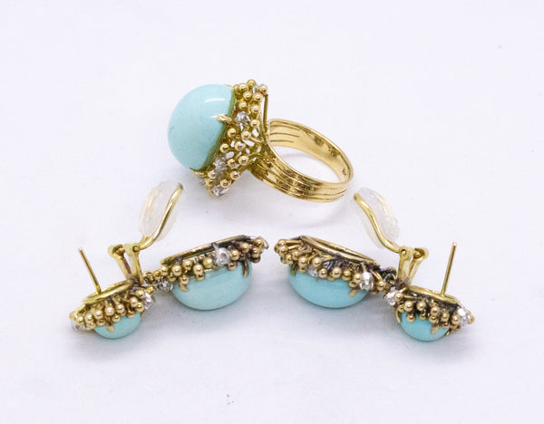 TURQUOISES & DIAMONDS SET IN 18 KT GOLD MID CENTURY
