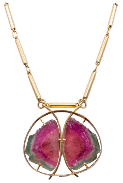 *Karl Stittgen Canadian modernist necklace in 18 kt yellow gold with watermelon tourmaline