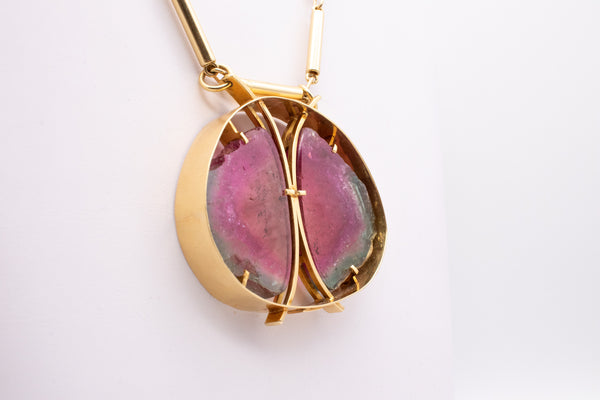 *Karl Stittgen Canadian modernist necklace in 18 kt yellow gold with watermelon tourmaline
