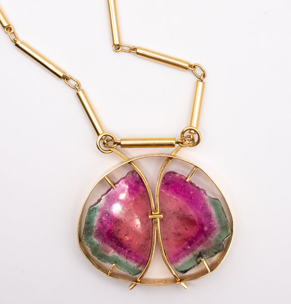 *Karl Stittgen Canadian modernist necklace in 18 kt yellow gold with watermelon tourmaline