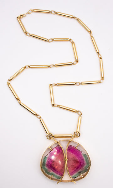 *Karl Stittgen Canadian modernist necklace in 18 kt yellow gold with watermelon tourmaline