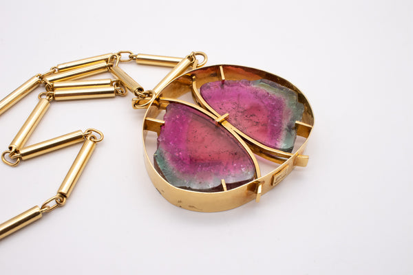 *Karl Stittgen Canadian modernist necklace in 18 kt yellow gold with watermelon tourmaline