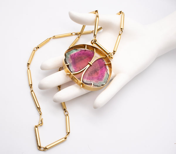 *Karl Stittgen Canadian modernist necklace in 18 kt yellow gold with watermelon tourmaline