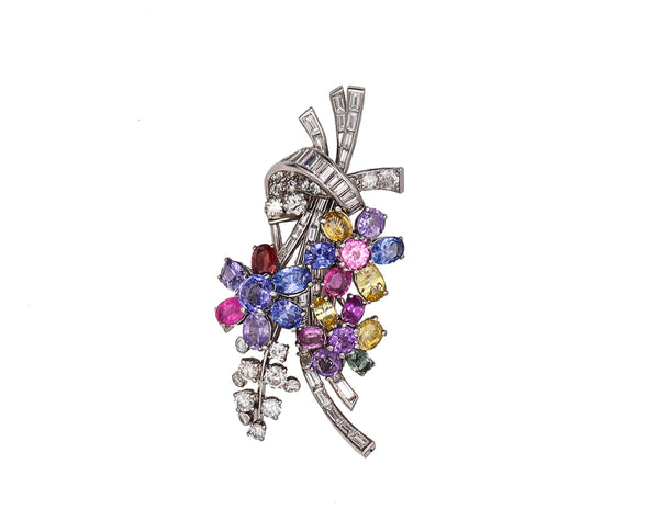 PAUL FLATO 1940 Deco Retro Brooch In Platinum With 27.09 Ctw Color Sapphires And VVS Diamonds