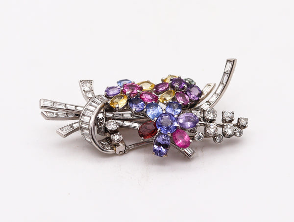 PAUL FLATO 1940 Deco Retro Brooch In Platinum With 27.09 Ctw Color Sapphires And VVS Diamonds