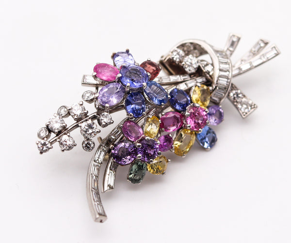 PAUL FLATO 1940 Deco Retro Brooch In Platinum With 27.09 Ctw Color Sapphires And VVS Diamonds