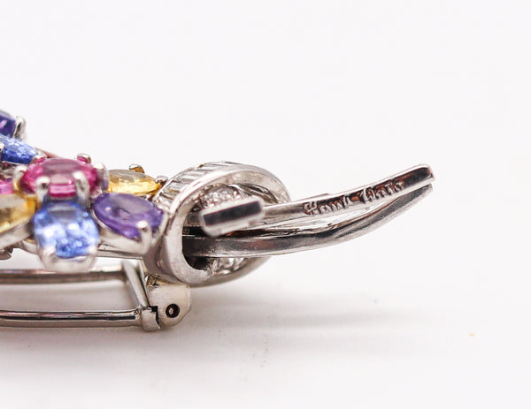 PAUL FLATO 1940 Deco Retro Brooch In Platinum With 27.09 Ctw Color Sapphires And VVS Diamonds