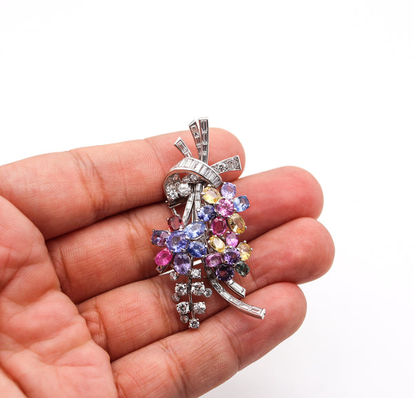 PAUL FLATO 1940 Deco Retro Brooch In Platinum With 27.09 Ctw Color Sapphires And VVS Diamonds